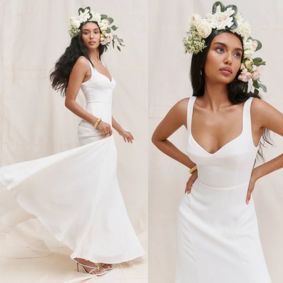 Reformation Lecce Maxi Crepe Dress Sz 4 Ivory Scoop Neck Full Skirt w/ Train - Picture 2 of 15